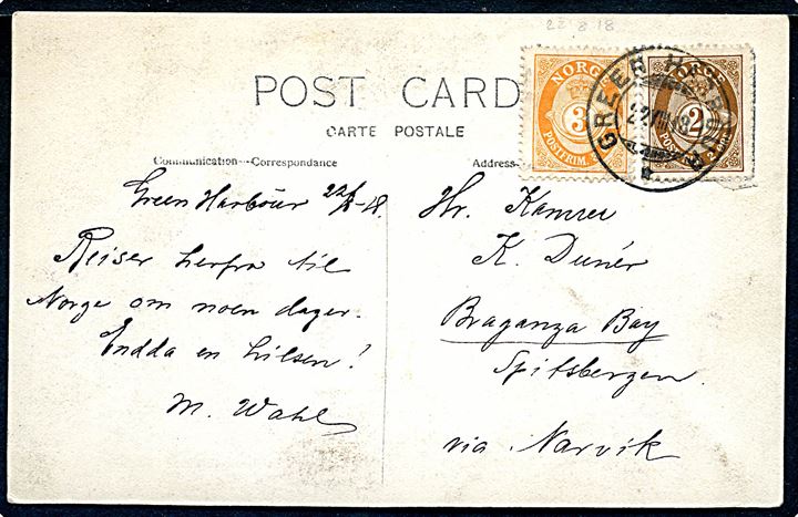 2 øre og 3 øre Posthorn på foto postkort stemplet Green Harbour d. 22.8.1918 til K. Dunér i den svenske kulmine i Braganza Bay (Sveagruva) påskrevet “via Narvik”. Interessant lokal Svalbard forsendelse sendt via Narvik.