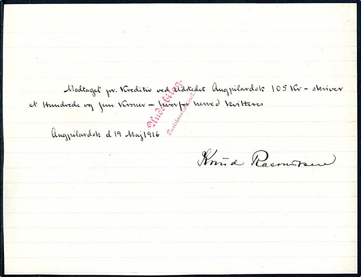 Håndskrevet kvittering dateret i udstedet Angpilardok d. 19.5.1916 og underskrevet: Knud Rasmussen.