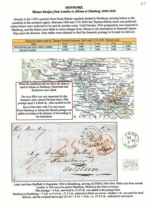 1844. Francobrev fra Sheffield d. 16.9.1844 via London d. 17.9.1844 og med Thams Packet via K.D.P.A. Altona d. 20.9.1844 til Rendsburg, Holstein. Modtager betalt 25 2/5 sk.  