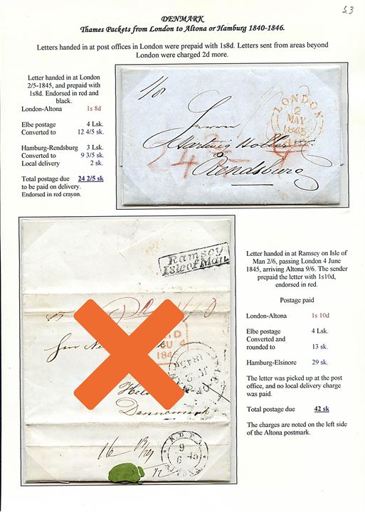 1845. Francobrev fra London d. 2.5.1845 med Thames Packet via Altona til Rendsburg, Holstein. Modtager betalt 24 2/5 sk. 