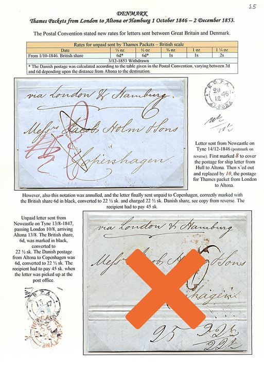 1846. Portobrev fra Newcastle d. 14.12.1846 påskrevet “via London & Hamburg” med Thames Packet via K.D.P.A. Altona d. 20.12.1846 til København, Danmark. Modtager betalt 45 sk. 