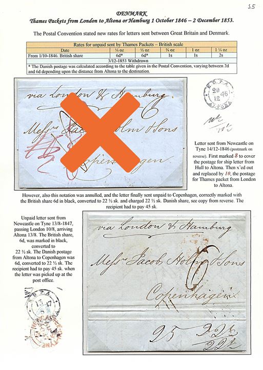 1846. Portobrev fra Newcastle d. 9.8.1847 påskrevet “via London & Hamburg” med Thames Packet via K.D.P.A. Altona d. 13.8.1847 til København, Danmark. Modtager betalt 45 sk. 