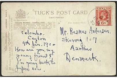 6 cents George V på brevkort fra Pettah d. 18.1.1920 til Aarhus, Danmark.