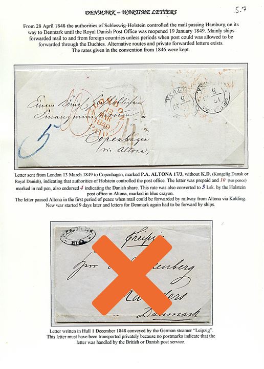 1849. Francobrev fra London d. 13.3.1849 via P.A.Altona d. 17.3.1849 til København, Danmark. Sendt under dem første våbenhvile. 