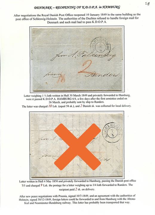 1849. Brev med indhold dateret i Hull d. 30.3.1849 stemplet ved det genåbnede danske postkontor K.D.O.P.A. Hamburg d. 6.4.1849 til Randers. 