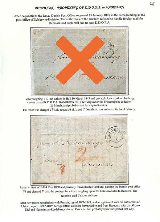 1849. Brev med indhold dateret i Hull d. 4.5.1849 stemplet ved det genåbnede danske postkontor K.D.O.P.A. Hamburg d. 7.5.1849 til Randers. 