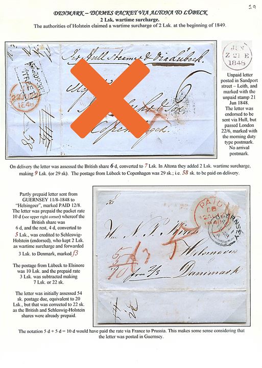 1848. Francobrev stemplet Guernsey d. 11.8.1848 via Frankrig og Preussen til Helsingør, Danmark. Mange påtegninger. 