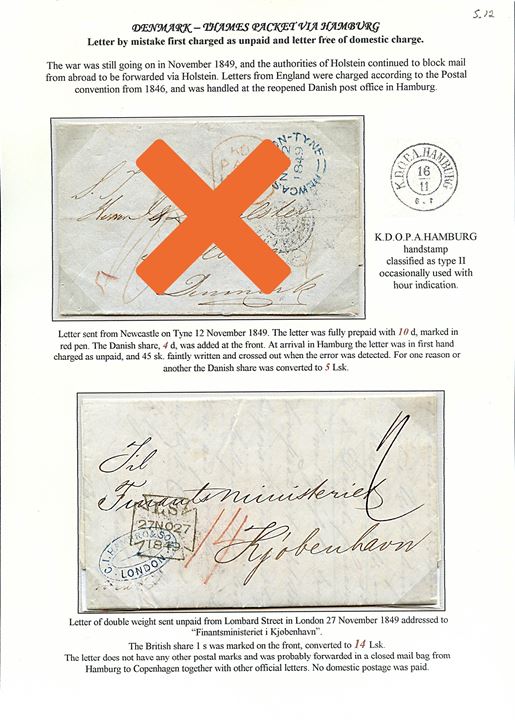 1849. Ufrankeret dobbeltbrev fra London d. 27.11.1849 til Finansministeriet, Kjøbenhavn, Danmark. I Danmark befordret som ufrankeret tjenestebrev.
