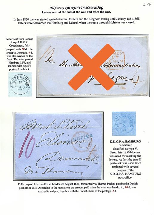 1851. Francobrev fra London med Paid stempel d. 22.8.1851 via K.D.O.P.A. Hamburg d. 25.8.1851 til Helsingør.