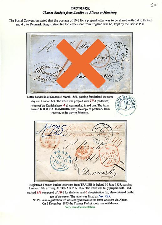 1853. Ufrankeret anbefalet brev fra Tralee Ireland d. 10.6.1853 via London d. 13.6.1853 og K.P.A. Altona d. 18.6.1853 til Helsingør, Danmark. Ingen preussisk rec.-gebyr, da brevet er sendt via Altona. 