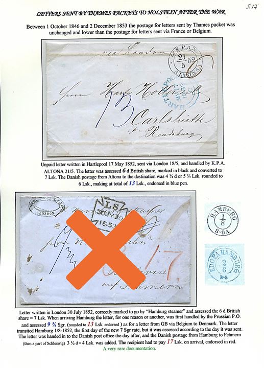 1852. Portobrev fra Hartlepool d. 17.5.1852 via London med Thames Packet og K.P.A. Altona d. 21.5.1852 til Carlshütte pr. Rendsburg, 13 Lsk. betalt af modtageren.