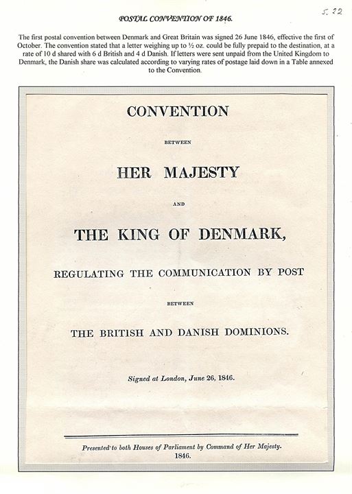 1846. Britisk-Dansk postkonvention af 26.6.1846 med gyldighed fra d. 1.10.1846. Skrivelse på 12 sider