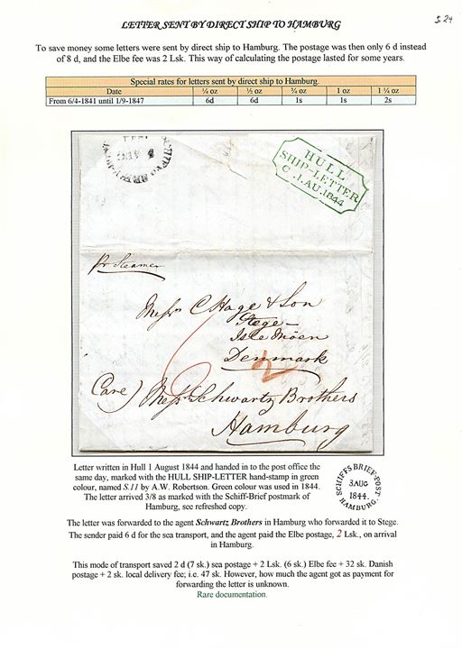 1844. Portobrev fra Hull med rammestempel Hull Ship-Letter d. 1.8.1844 via Schiffs Brief-Post Hamburg d. 3.8.1844 til Stege på Møn, Danmark. Brevet forwarded via Schwarz Brothers i Hamburg.