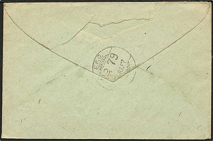 Indisk fortrykt On Actice Service feltpost kuvert stemplet F.P.O. No. 79 d. 6.6.1917 (= Baghdad, Iraq) til England. Rødt censurstempel.