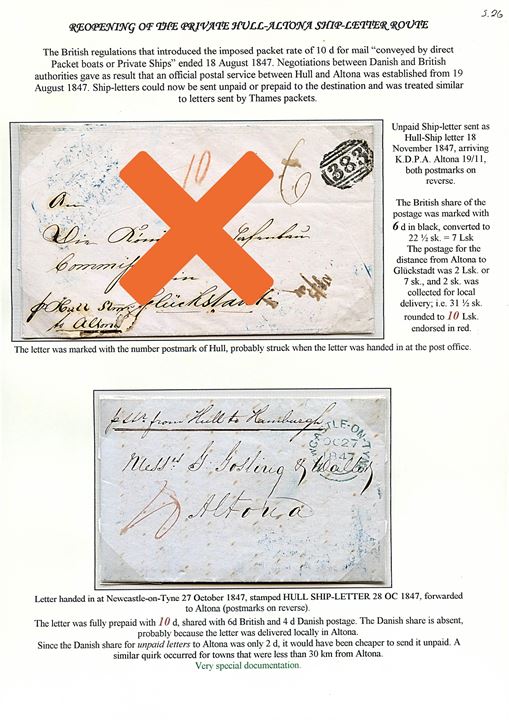 1847. Brev påskrevet “pr Str. from Hull to Hamburgh” stemplet Newcastle on Tyne d. 27.10.1847 med ramme-stempel Hull Ship-Letter d. 28.10.1847 til Altona. 
