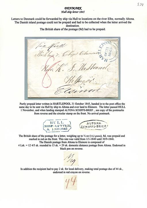 1845. Francobrev fra Hartlepool d. 31.10.1845 påskrevet “Via Hull” med Hull Ship-Letter og Altona Schiffs-Brief til Helsingør, Danmark. Flere påtegninger. Skramme.