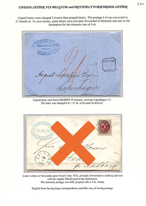 1863. Ufrankeret portobrev fra London d. 29.1.1863 (?) til Kjøbenhavn, Danmark. Udtakseret i 21 sk. porto.