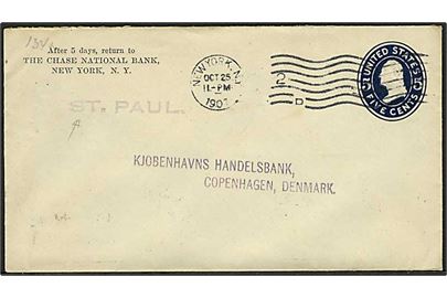 5 cents heksagskuvert fra New York d. 25.10.1907 til København, Danmark. Violet skibsstempel: St. Paul.
