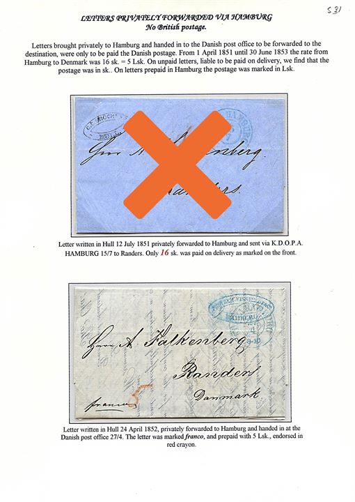 1852. Francobrev fra Hull d. 24.4.1852 forwarded via agent i Hamburg med K.D.O.P.A. Hamburg d. 27.4.1852 til Randers. 