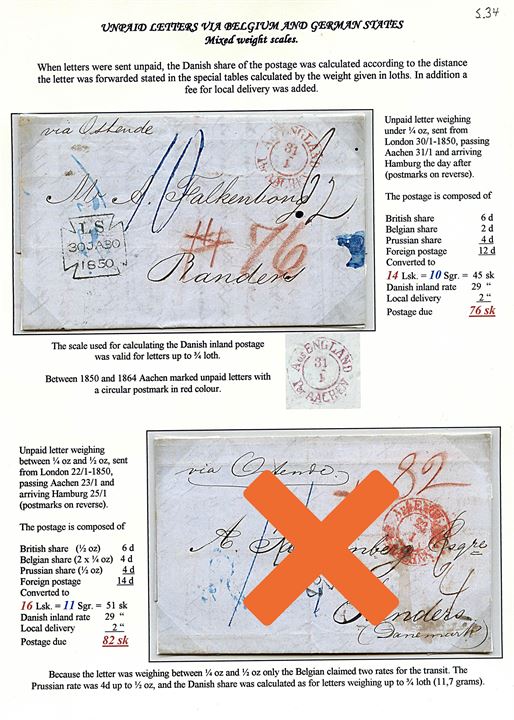 1850. Portobrev fra London d. 30.1.1850 påskrevet “via Ostende” med stempel “Aus England Per Aachen” via Hamburg d. 2.2.1850 til Randers, Danmark. Modtager betalt 76 sk.