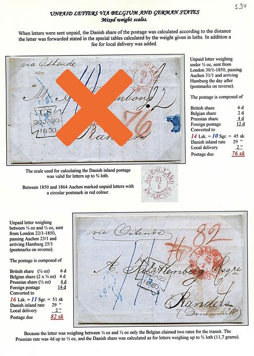 1850. Portobrev fra London d. 22.1.1850 påskrevet “Via Ostende” stemplet “Aus England Per Aachen” via Hamburg d. 25.1.1850 til Randers, Danmark. Modtager har betalt 82 sk.