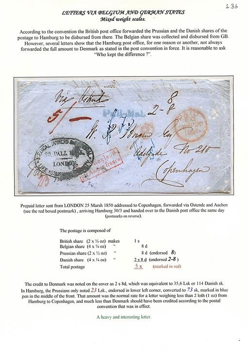 1850. Francobrev stemplet “Pall-Mall” og London Paid d. 25.3.1850 påskrevet “via Ostend” med rammestempel “Aus England per Aachen franco” til København, Danmark.