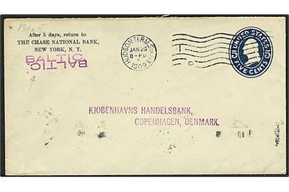 5 cents heksagskuvert fra New York stemplet Hudson Term.Sta. N.Y. d. 29.1.1909 til København, Danmark. Violet skibsstempel: Baltic.