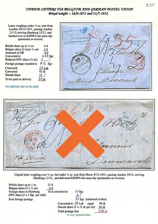 1851. Portobrev fra London d. 20.12.1850 via Aachen og K.D.O.P.A. Hamburg med blåt rammestempel “Aus dem Post-Verein” til Helsingør, Danmark. 55 sk. betalt af modtager.