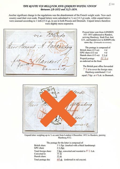 1853. Francobrev påskrevet “via Ostende” fra London d. 10.1.1853 via K.D.O.P.A. Hamburg d. 12.1.1853 til Randers, Danmark. Flere portopåtegninger.