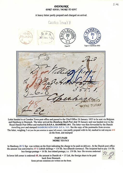 1855. Francobrev stemplet “Part-Paid more to pay” fra Camden Town d. 26.1.1855 via Belgien og K.D.O.P.A. Hamburg d. 30.1.1855 til København, Danmark. Modtager betalt 48 sk. 