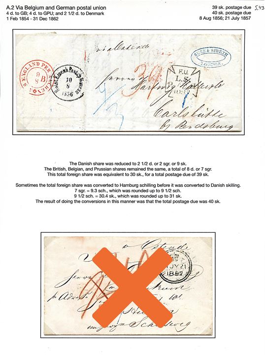 1856. Portobrev fra London d. 8.8.1856 stemplet Aus England per Aachen og Holst:Eisenb:Postsp:Bureau d. 10.8.1856 til Carlshütte pr. Rendsburg. Modtager betalt 39 sk. 