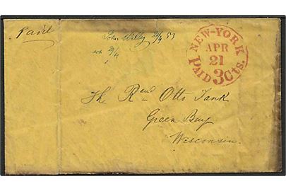 1853. Ufrankeret brev med rødt stempel New York Paid 3 Cts. d. 21.4.1853 til Green Bay, Wisconsin.
