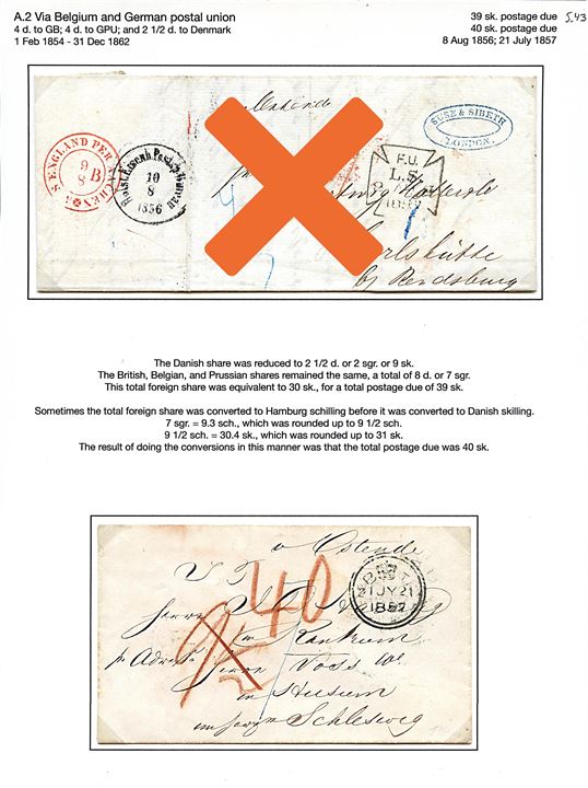 1857. Portobrev påskrevet “v. Ostende” fra London d. 21.7.1857 til Husum i Slesvig. Modtager betalt 40 sk.
