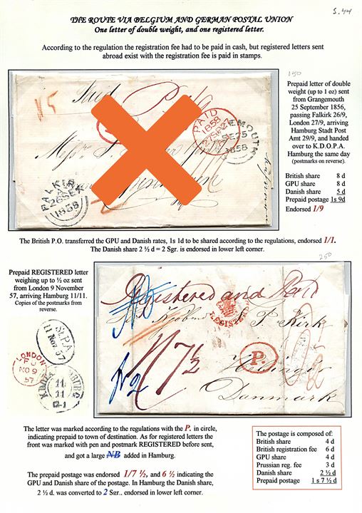 1857. Anbefalet brev fra London d. 9.11.1857 med rødt stempel (krone)/Registered via K.D.O.P.A. Hamburg d. 11.11.1857 til Helsingør, Danmark. 