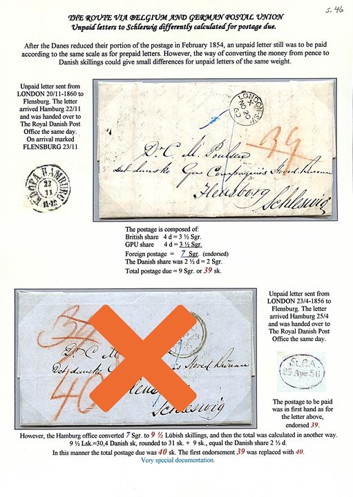 1860. Ufrankeret portobrev fra London d. 20.11.1860 via K.D.O.P.A. Hamburg d. 22.11.1860 til Flensburg, Slesvig. Modtager betalt 39 sk.