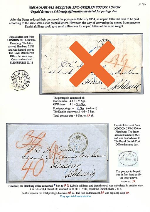 1856. Portobrev fra London d. 23.4.1856 via Hamburg til Flensburg, Slesvig. Modtager betalt 40 sk. 