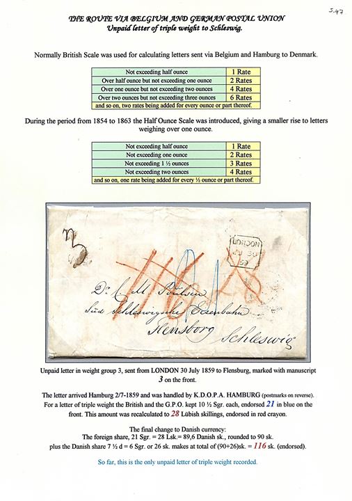 1859. Ufrankeret triple brev fra London d. 30.6.1859 via K.D.O.P.A. Hamburg d. 2.7.18595 til Flensburg, Slesvig. Modtager betalt 116 sk. 