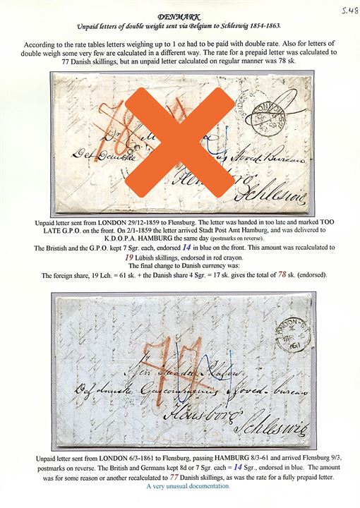 1861. Portobrev fra London d. 6.3.1861 via Hamburg d. 8.3.1861 til Flensburg, Slesvig. Modtager betalt 77 sk.