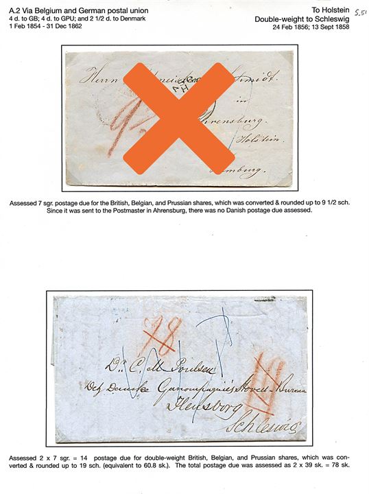 1858. Ufrankeret dobbeltbrev fra London d. 13.9.1858 via K.D.O.P.A. Hamburg til Flensburg, Slesvig. Modtager betalt 78 sk. porto.