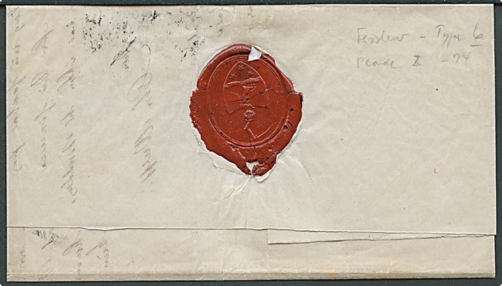 2 R.B.S. Ferslew pl. I nr. 74 (type 6) på lokalbrev med fodpoststempel F:P: d. 16.5.1852, annulleret med stumt stempel. Flot mærke med brede harmoniske rande. Bund-tryk i mørk nuance. Bagside med flot rødt segl.  Attest Grønlund. AFA: 65.000,-