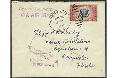 16 cents ekspres luftpostmærke single på brev fra Washington DC d. 26.5.1941 til officer på Naval Air Station i Pensacola, Florida. Del af bagklap mgl.