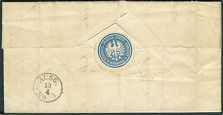 Norddeutscher Postbezirk 1 gr. Tjenestemærke på brev fra Norburg d. 12.4.1870 til Kiel. Fuldt indhold. 