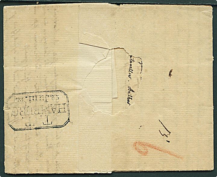 1832. Francobrev dateret Gottorp med rammestempel Schlesw. d. 21.6.1832 via T.T. Hamburg til Mainz. Påskrevet: Freÿ Kassel 6/4, samt 16 med rødkridt. 