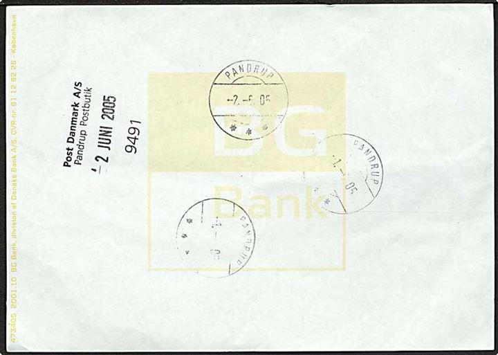 Ark papir med prøveaftryk af sjældent brotype IIh postsparebankstempel Pandrup d. 2.6.2005.