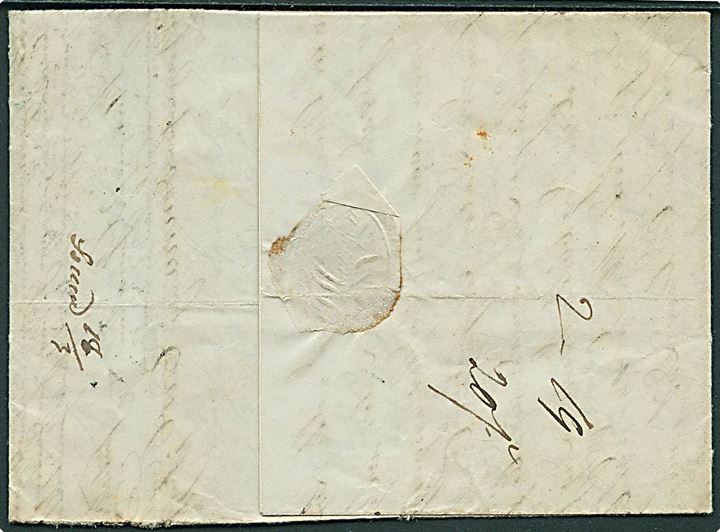 1852. Ufrankeret brev med indhold dateret Nordborg d. 9.3.1852 med håndskrevet bynavn: Sond. 10/3 og antiqua Sønderborg d. 11.3.1852 via Helsingør d. 15.3.1852 til Aalesund, Norge. Postekspeditionen i Nordborg fik først antiqua stempel i nov. 1852. Fuldt indhold. Daka: 2500,-