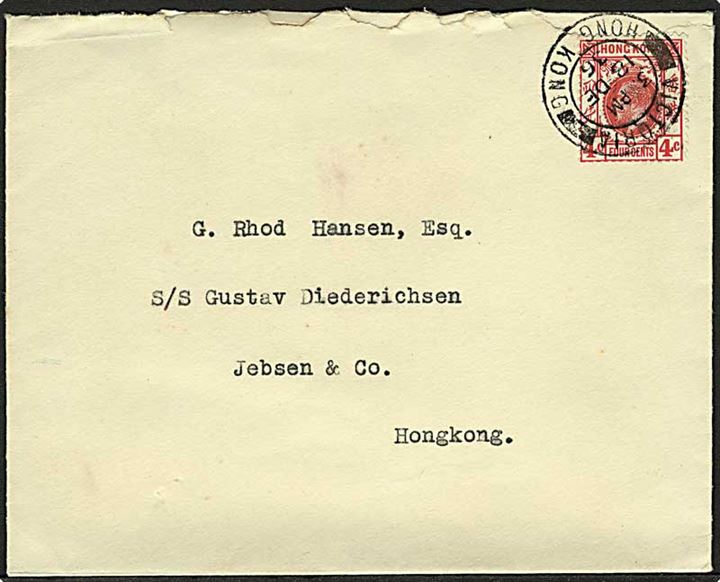4 cent George V single på lokalbrev stemplet Victoria Hong Kong d. 18.12.1936 til dansk sømand ombord på S/S Gustav Diederichsen.