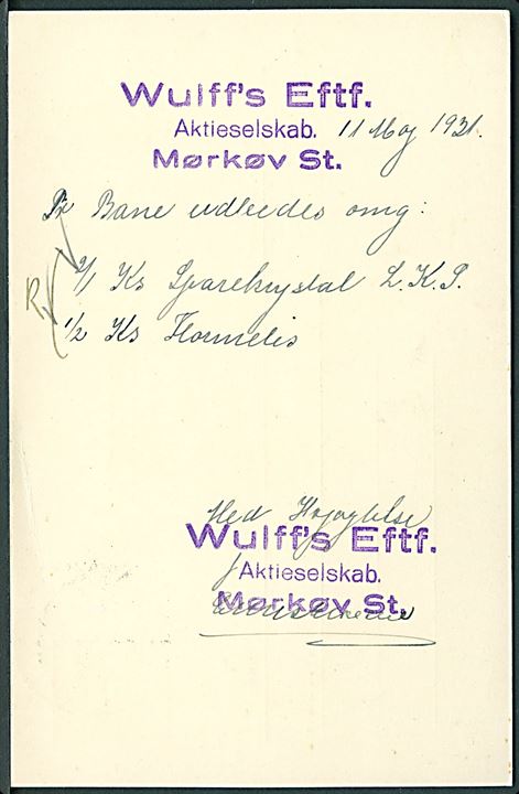 10 øre helsagsbrevkort (fabr. 97-J) annulleret m. brotype Ic Mørkøv d. 11.5.1931 til København. Stemplet er ikke medtaget i Vagn Jensen’s fortegnelse.