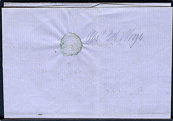 8 sk. 1858 udg. og 4 sk. Krone/Scepter på 12 sk. brev annulleret med nr.stempel “1” og sidestemplet antiqua Kiøbenhavn d. 9.1.1868 til Arendal, Norge.