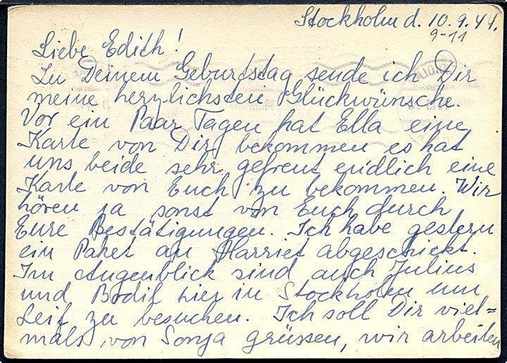 10 öre Gustaf helsagsbrevkort opfrankeret med 10 öre Gustaf fra Stockholm d. 10.9.1944 til dansk jødisk indsat, Edith Fischer, i KZ-lejren Theresienstadt, Böhmen-Mähren. Tysk censur fra Berlin. Edith Fischer var lærer på den jødiske pigeskole i København.