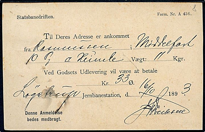 3 øre Tofarvet på Statsbanedriften adviskort sendt lokalt og annulleret med ovalt jernbanestempel LØGSTRUP * D.S.B. - J.F. * d. 17.10.1893 til Nybro. Jernbanestempel kendes benyttet (17.10.1893-7.9.1894) som forløber for et stjernestempel, der først blev bestilt i november 1902.